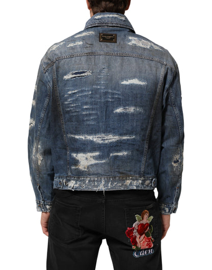 Dolce &amp; Gabbana – Blousonjacke aus zerfetztem Baumwoll-Denim in Blau