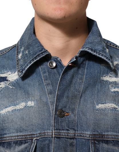 Dolce &amp; Gabbana – Blousonjacke aus zerfetztem Baumwoll-Denim in Blau