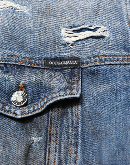 Dolce &amp; Gabbana – Blousonjacke aus zerfetztem Baumwoll-Denim in Blau