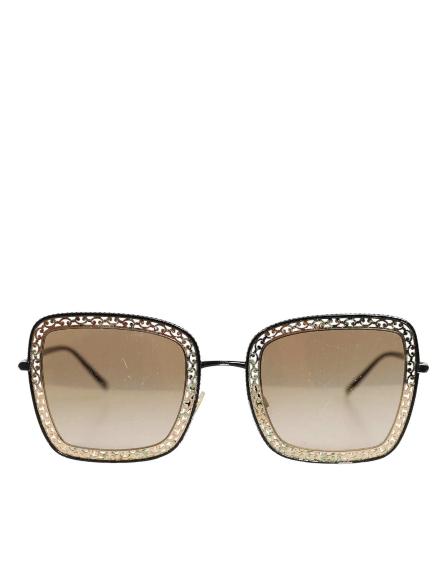 Dolce &amp; Gabbana DG2225 Sonnenbrille mit Spitzenrahmen in Schwarz und Gold mit braunem Farbverlauf