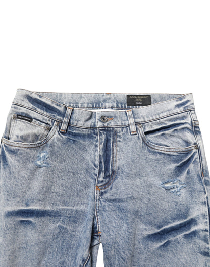 Dolce & Gabbana Blue Tattered Cotton Slim Fit Men Denim Jeans