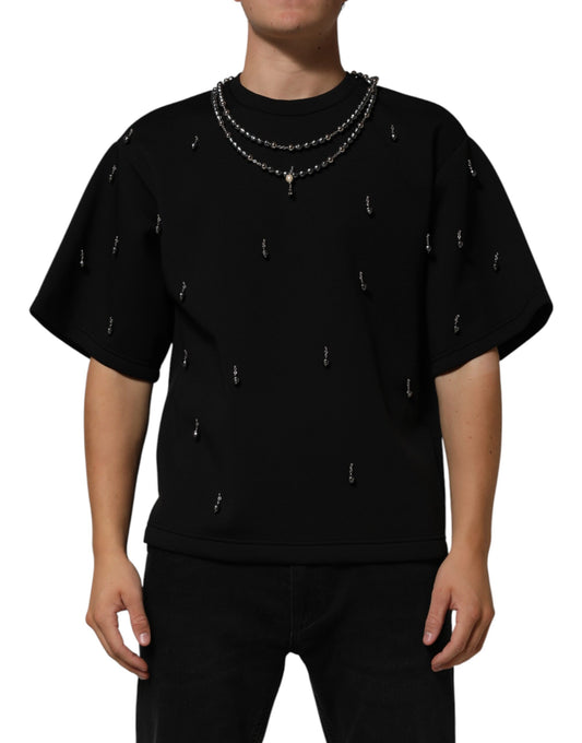 Dolce &amp; Gabbana Schwarzes Polyester-T-Shirt mit Halskettenverzierung