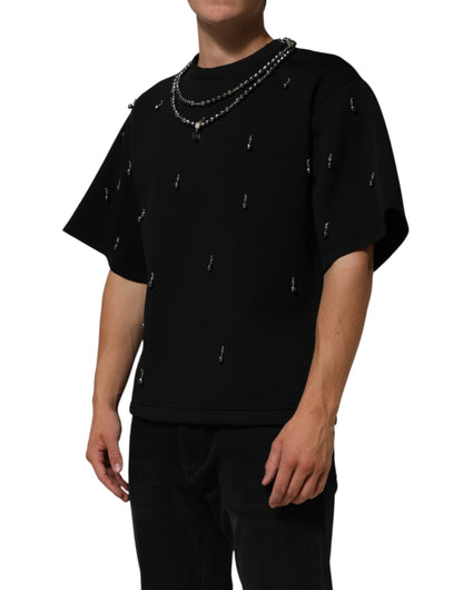 Dolce &amp; Gabbana Schwarzes Polyester-T-Shirt mit Halskettenverzierung