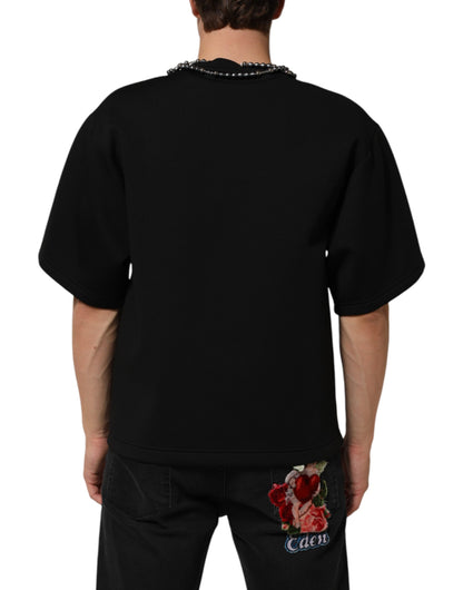 Dolce &amp; Gabbana Schwarzes Polyester-T-Shirt mit Halskettenverzierung