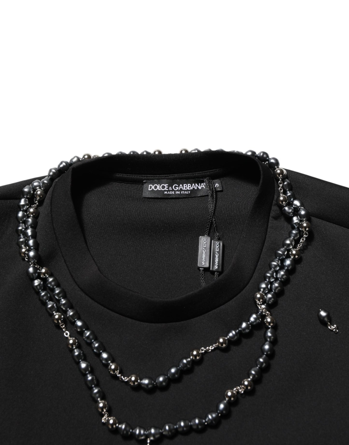 Dolce &amp; Gabbana Schwarzes Polyester-T-Shirt mit Halskettenverzierung