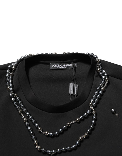 Dolce &amp; Gabbana Schwarzes Polyester-T-Shirt mit Halskettenverzierung