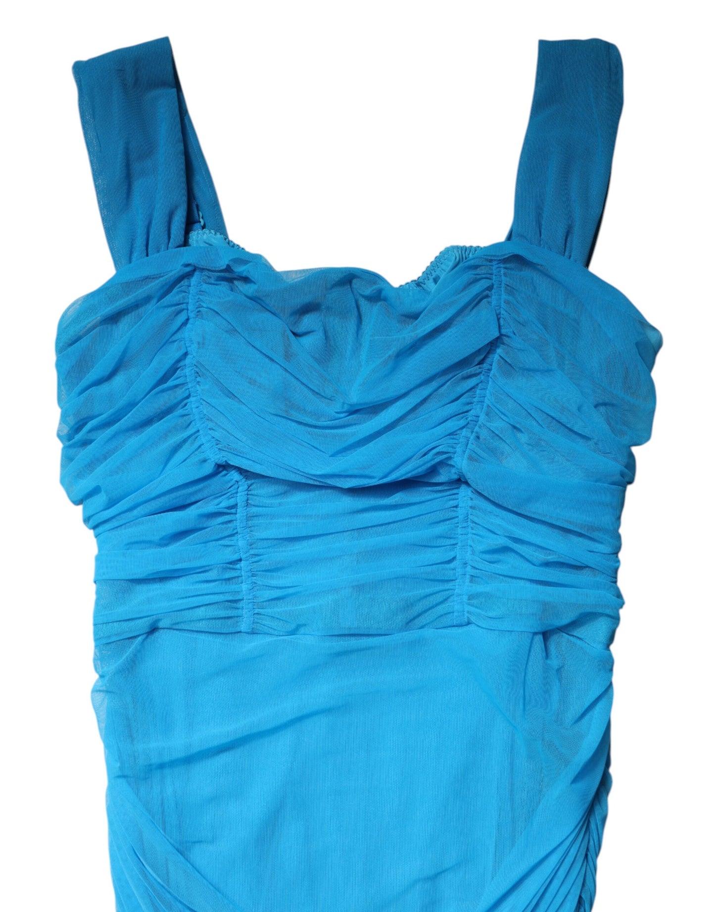 Dolce &amp; Gabbana – Etuikleid aus gerüschtem Tüll mit blauem Netzbesatz