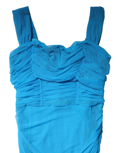 Dolce &amp; Gabbana – Etuikleid aus gerüschtem Tüll mit blauem Netzbesatz