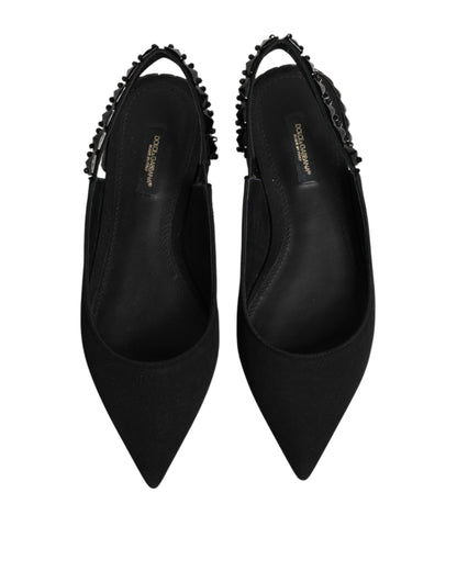 Dolce &amp; Gabbana – Schwarze Slingback-Schuhe aus Charmeuse mit Kristallen