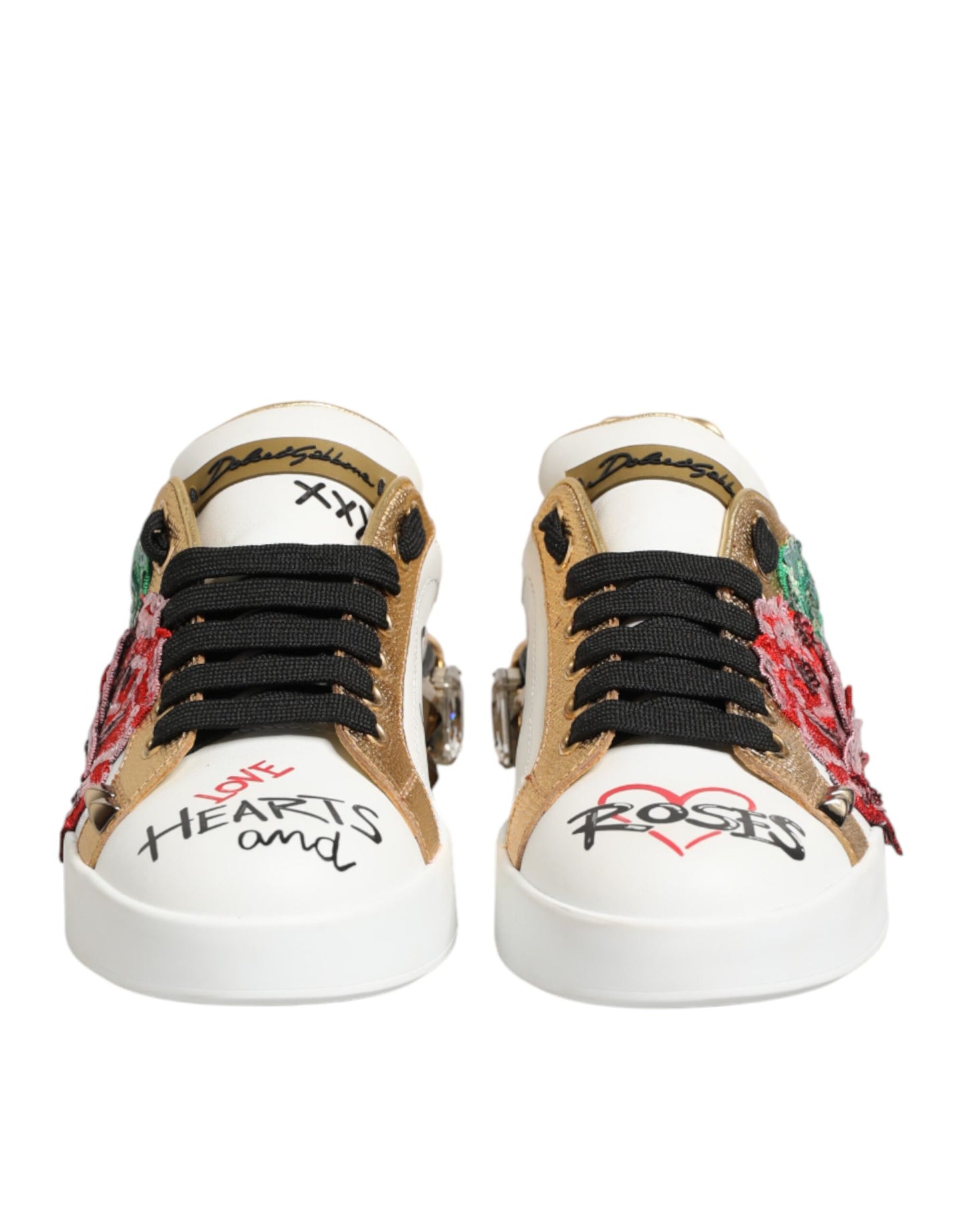 Dolce &amp; Gabbana – Weiße Sneakers aus Leder mit Blumen- und Nietenbesatz