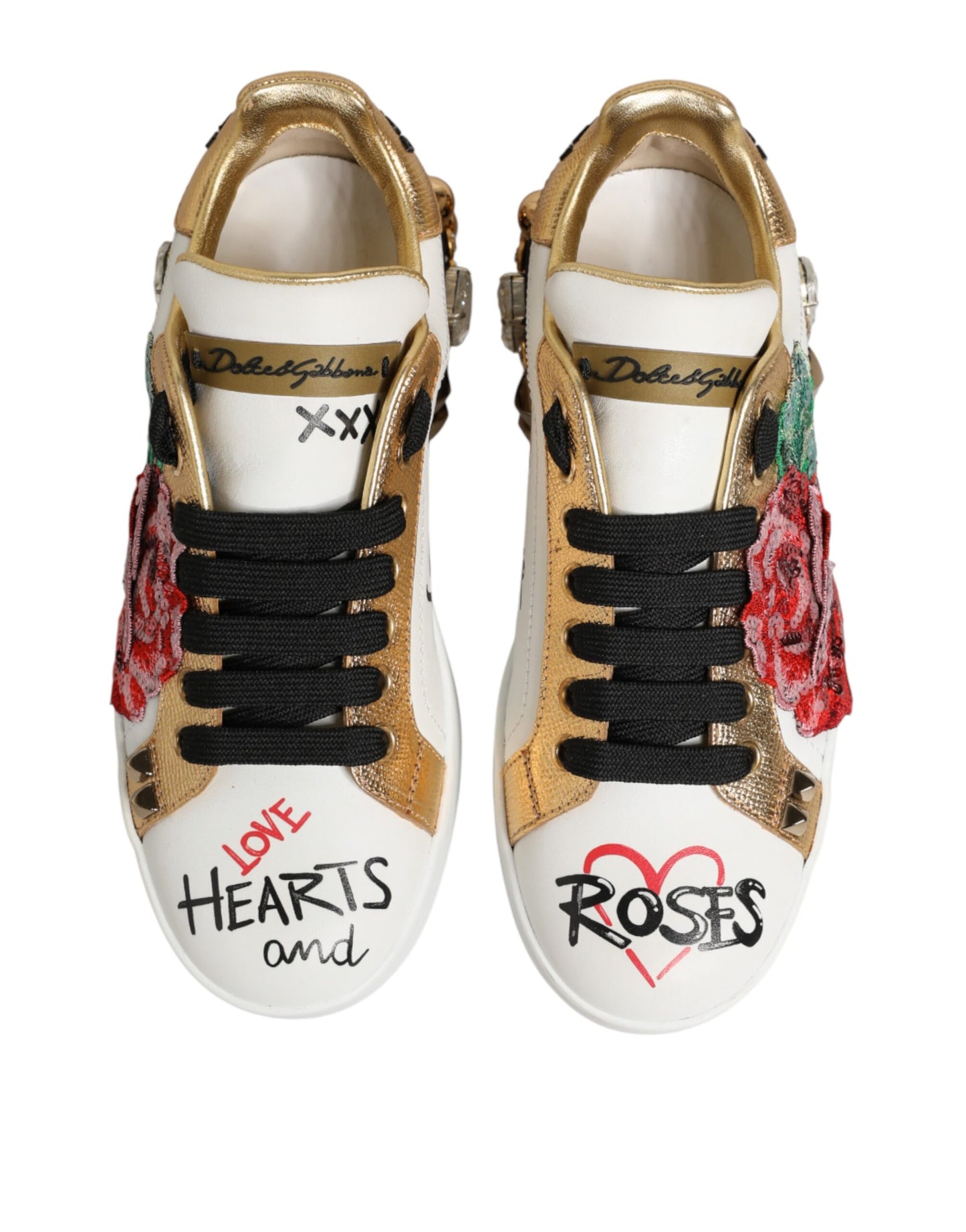 Dolce &amp; Gabbana – Weiße Sneakers aus Leder mit Blumen- und Nietenbesatz