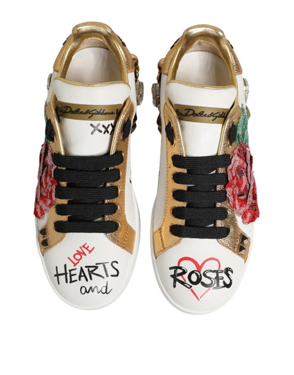 Dolce &amp; Gabbana – Weiße Sneakers aus Leder mit Blumen- und Nietenbesatz