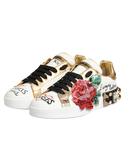 Dolce &amp; Gabbana – Weiße Sneakers aus Leder mit Blumen- und Nietenbesatz