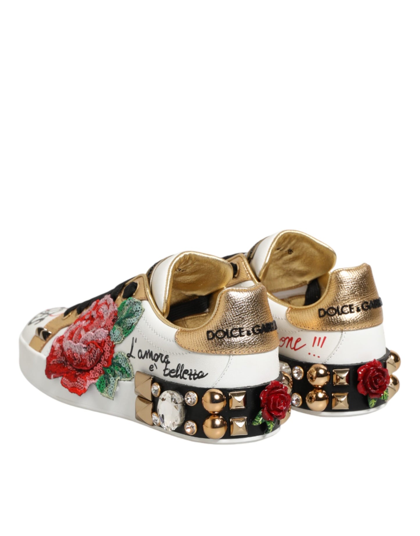 Dolce &amp; Gabbana – Weiße Sneakers aus Leder mit Blumen- und Nietenbesatz