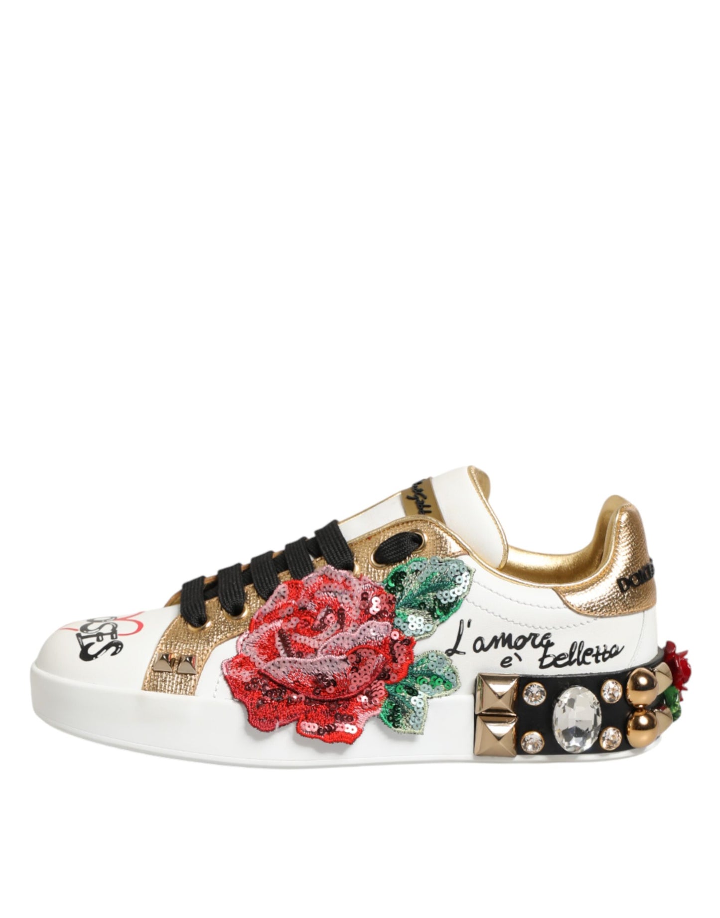 Dolce &amp; Gabbana – Weiße Sneakers aus Leder mit Blumen- und Nietenbesatz