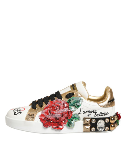 Dolce &amp; Gabbana – Weiße Sneakers aus Leder mit Blumen- und Nietenbesatz