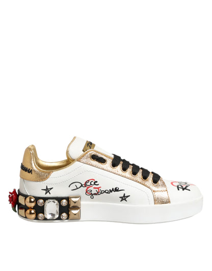Dolce &amp; Gabbana – Weiße Sneakers aus Leder mit Blumen- und Nietenbesatz