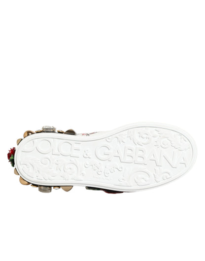 Dolce &amp; Gabbana – Weiße Sneakers aus Leder mit Blumen- und Nietenbesatz