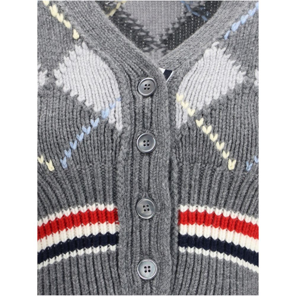 Thom Browne Graue Fleece-Woll-Strickjacke