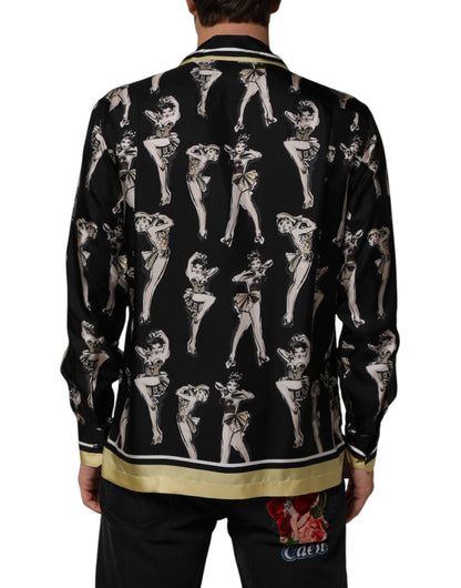 Dolce & Gabbana Black Silk Pin Up Printed Button Down Shirt