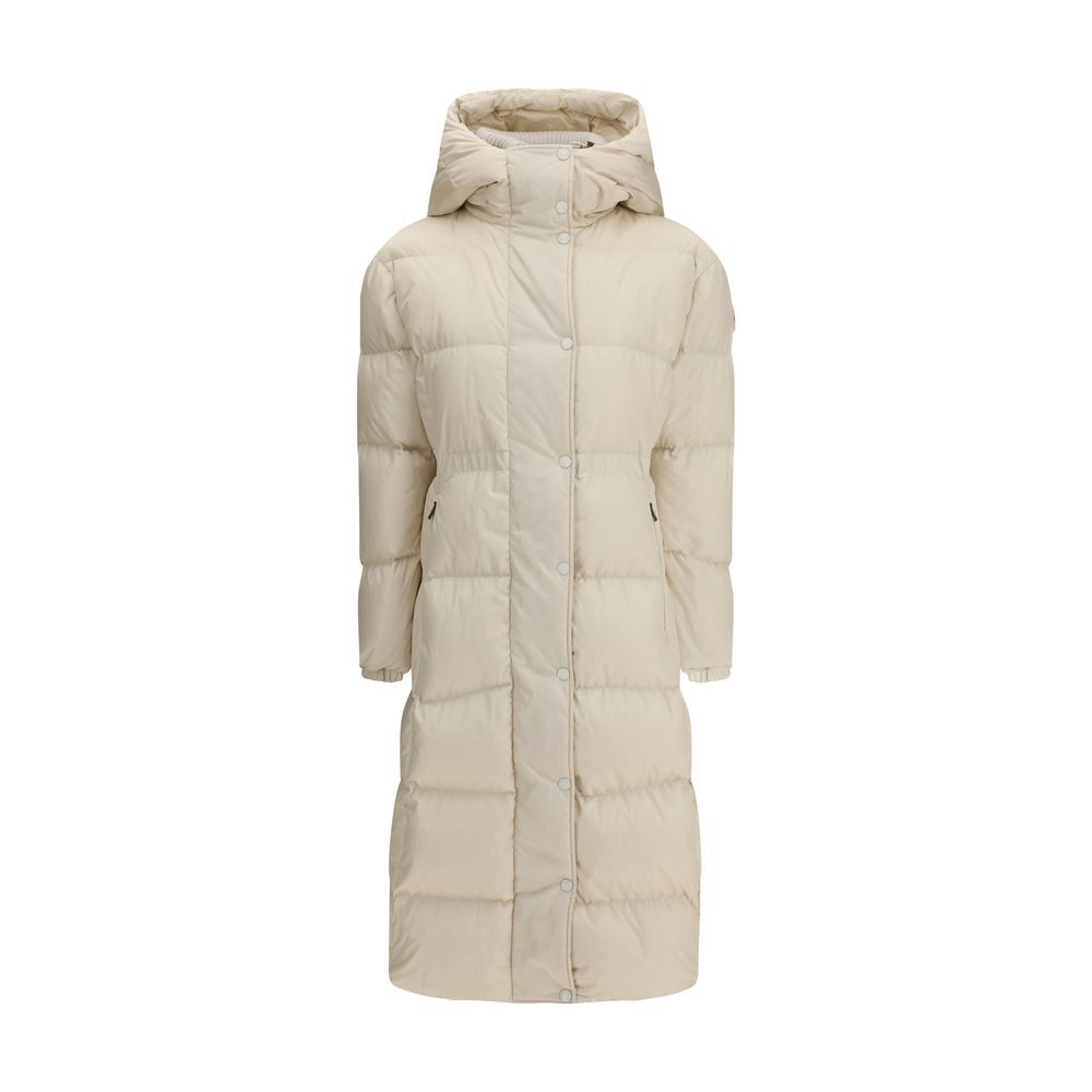 Moncler Die lange Daunenjacke mit Kapuze und Wollbesatz