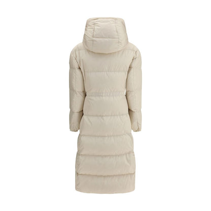 Moncler Die lange Daunenjacke mit Kapuze und Wollbesatz