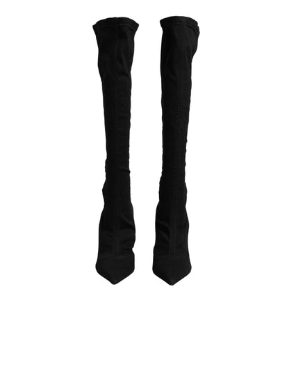 Dolce & Gabbana Black Cotton Stretch High Heels Boots Shoes