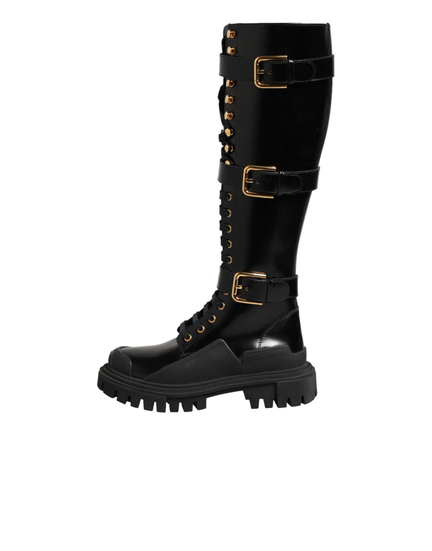 Dolce & Gabbana Black Buckle Embellished Knee High Boots Shoes