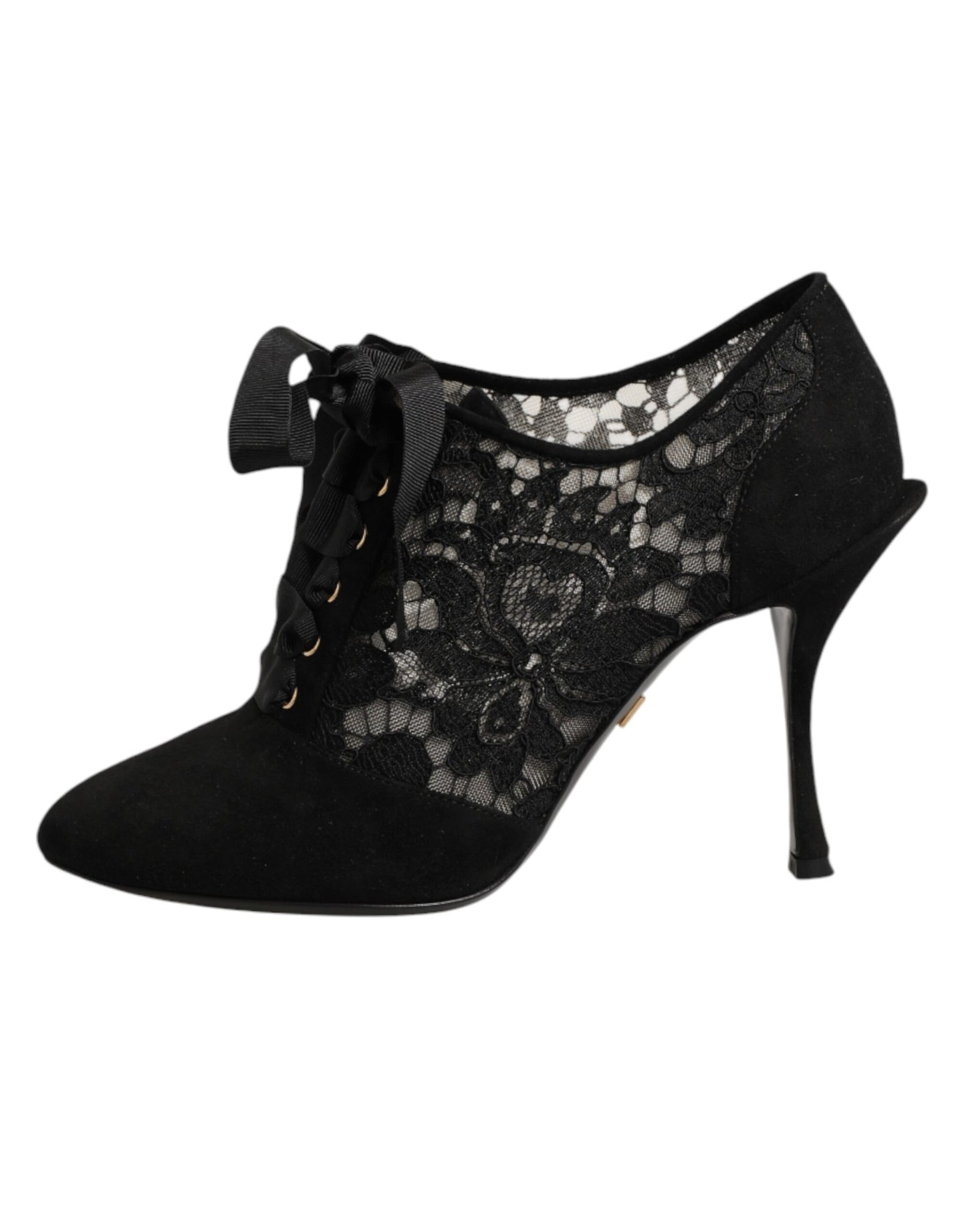 Dolce & Gabbana Black Floral High Heels LACE-UPS Pumps Shoes