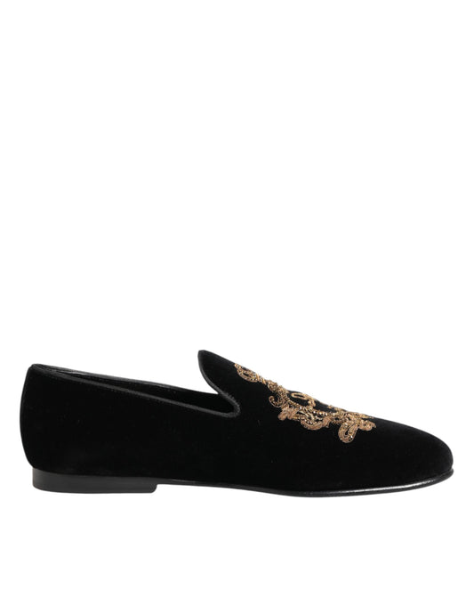 Dolce & Gabbana Black Velvet Gold Crown Mens Loafers Shoes