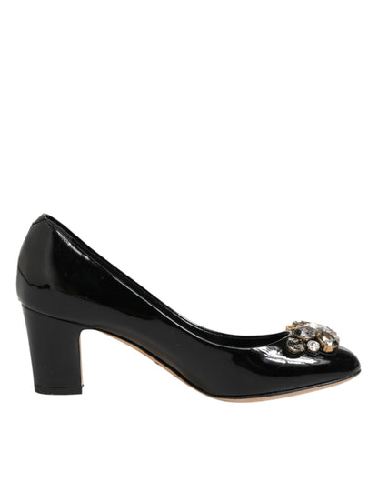Dolce & Gabbana Black Leather Crystals Heels Pumps Shoes