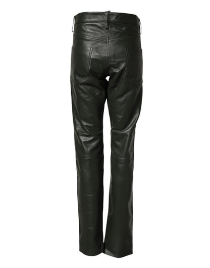 Dsquared² Black Full Grain Leather Mid Waist Trouser Pants