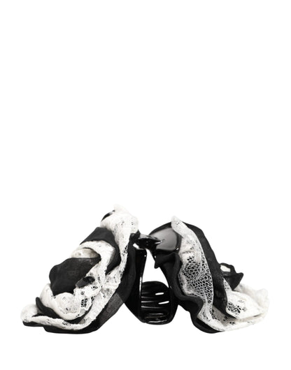 Dolce & Gabbana Black White Silk Floral Lace Crystal Accessory Hair Claw