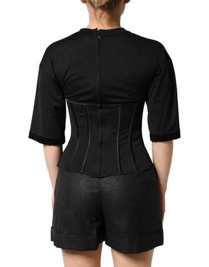 Dolce & Gabbana Black Cotton Bustier Corset Short Sleeves T-shirt