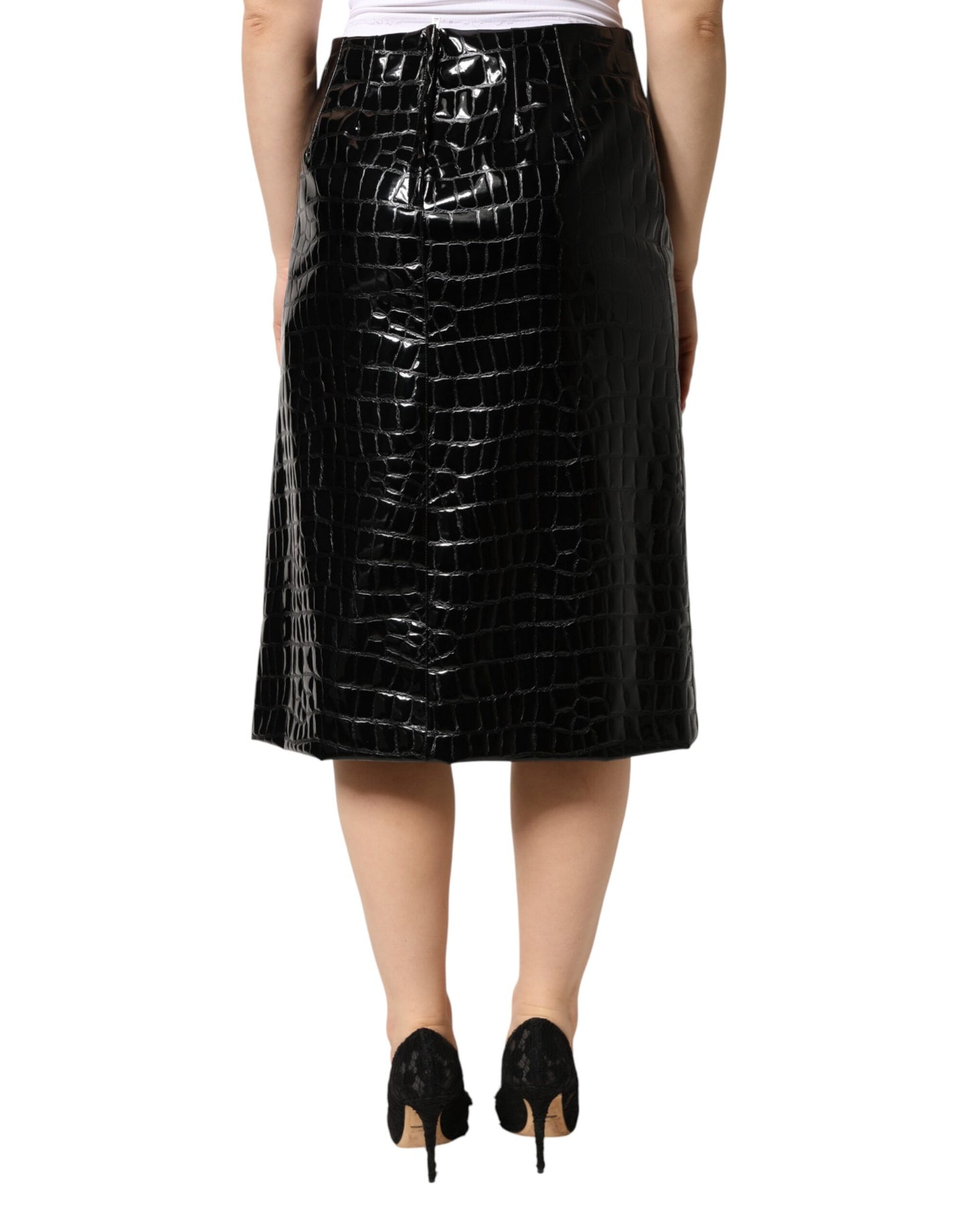 Dolce & Gabbana Black Croc Faux-Leather Mid Waist Midi Skirt
