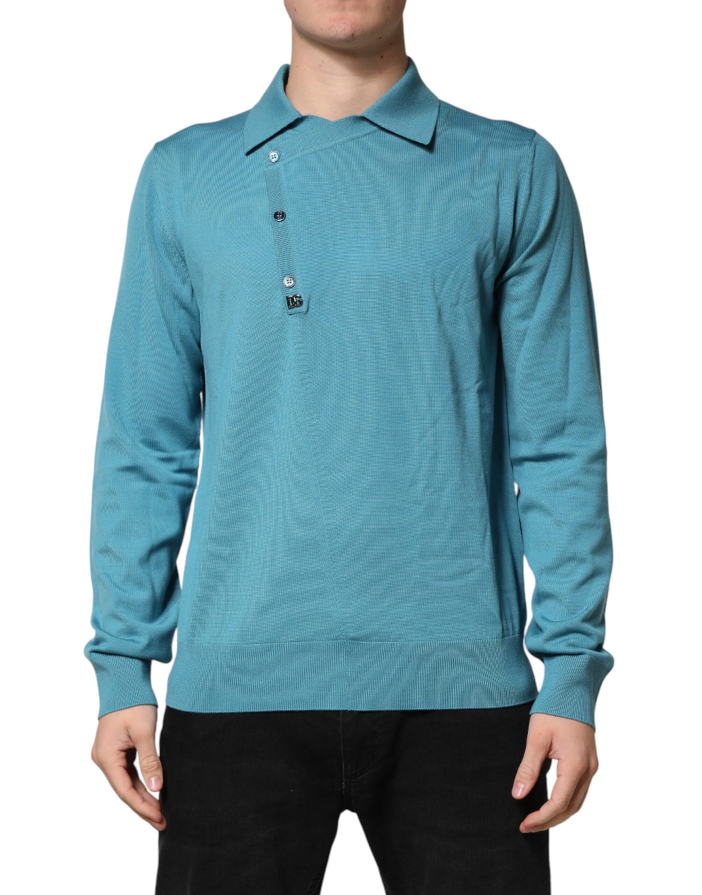 Dolce & Gabbana Teal Wool Collared Polo Pullover Sweater